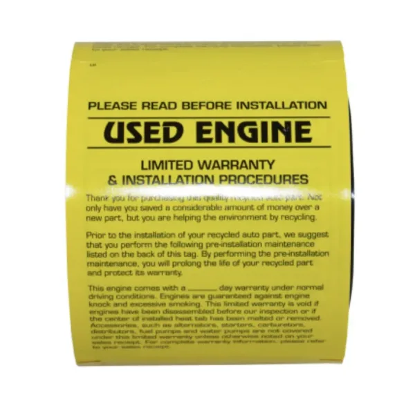 'Used Engine' Pre Installation Tags - 4" X 5-1/2" - 250 Tags/Box