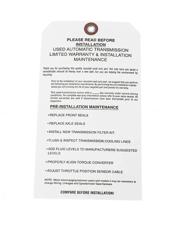 'Used Automatic Transmission' Tags - 7 1/4" X 4" w/Reinforced Eyelet - 500 Tags/Box